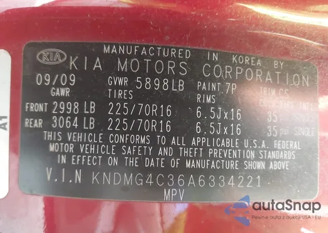 2010 Kia Sedona Lx z USA, uszkodzony, nr VIN KNDMG4C36A6334221